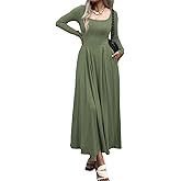 Mieazom Women Long Sleeve Square Neck Maxi Dress A-Line Pleated Flowy Elegant Party Cocktail Winter Fall Dresses with Pockets