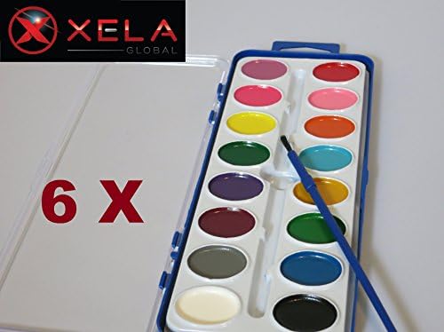 6 pack of Washable Watercolor Paint Set 16 Oval Vibrant Color Pans with Brush in Plastic Case with Detachable Mixing Tray Lid