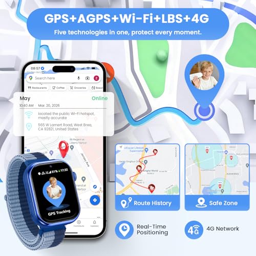 4G Children's Smart Watch with GPS, Dual Camera, Video Call, Voice Chat, SOS, Class Mode, Flashlight, IP68, Pedometer, Gift for Boys and Girls, Blue, 3 Year Warranty