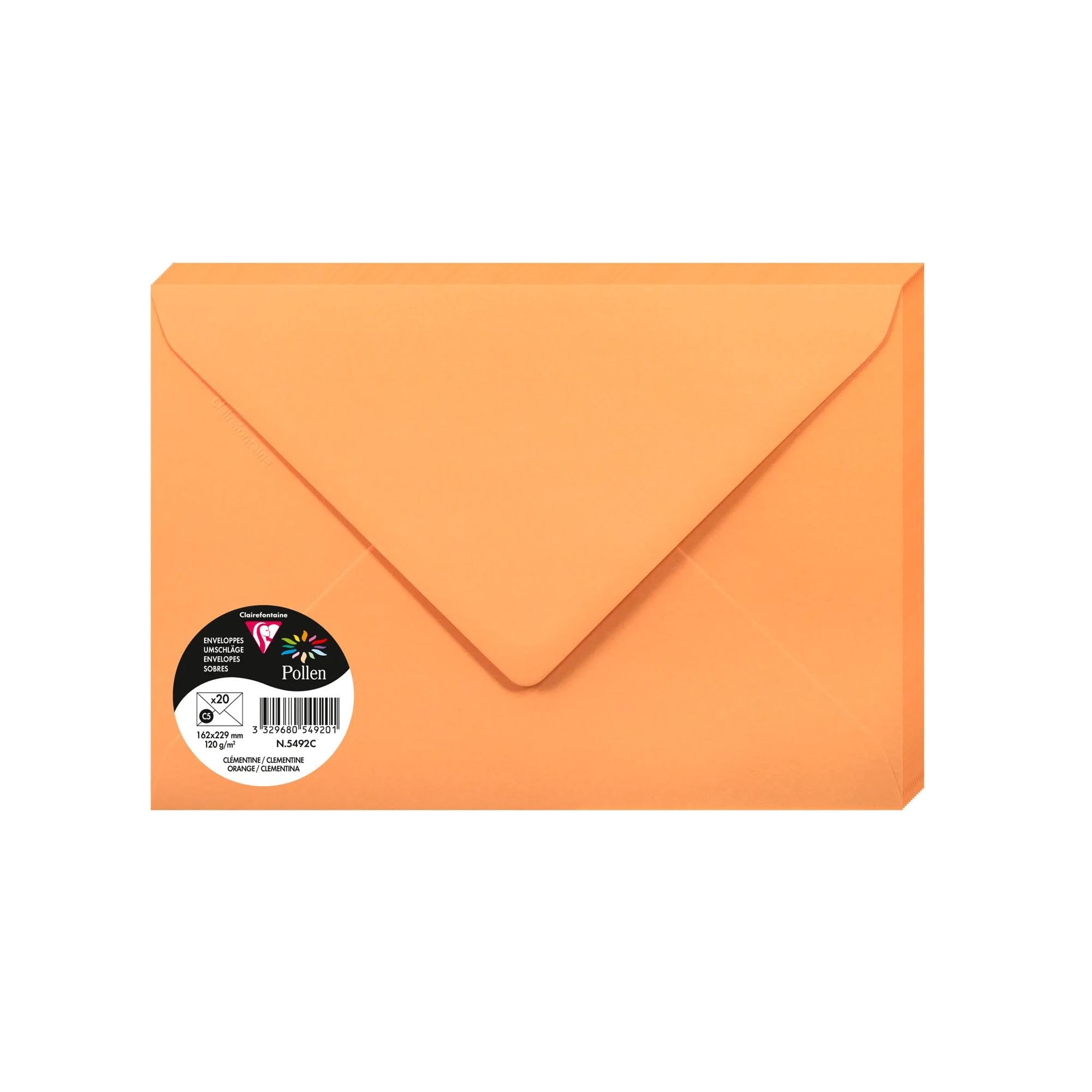 Clairefontaine 5492C Pack of 20 Gummed Envelopes Format C5 16,2x22,9cm 120gsm Colour Orange Invitation Events Correspondence Pollen Range Premium Smooth Paper — image 1
