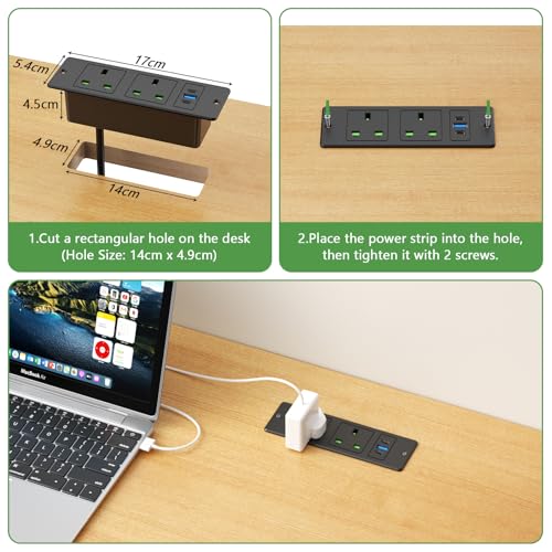 HANNELORE Recessed Power Strip with USB C PD20W, Desk Power Socket with USB, Power Extension Lead 2 Outlets 2 Screws, Hidden in Furniture Desk Table, 2M/6.6FT Cable, Black