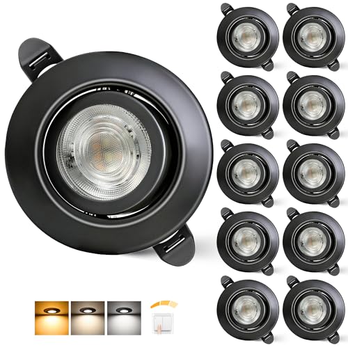 Aulaiyi 3CCT LED Downlight Recessed Ceiling 230V Dimmable 68mm 5.5W IP44 Portholes Extra Flat LED Spotlights Interior Ceiling 45° Rotatable Recessed Spotlight for Bathrooms, Black 10 Pack