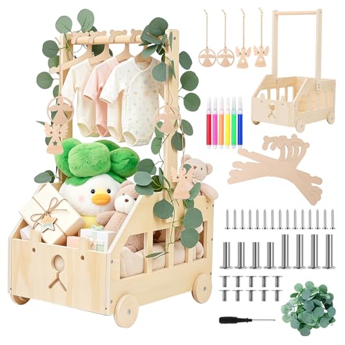 Wooden Baby Basket, Gift for Newborn Boy Girl, Baby Shower Basket, Bear Design, with Clothes Rack and Wheels, Decoration for Children's Room, Natural Colour