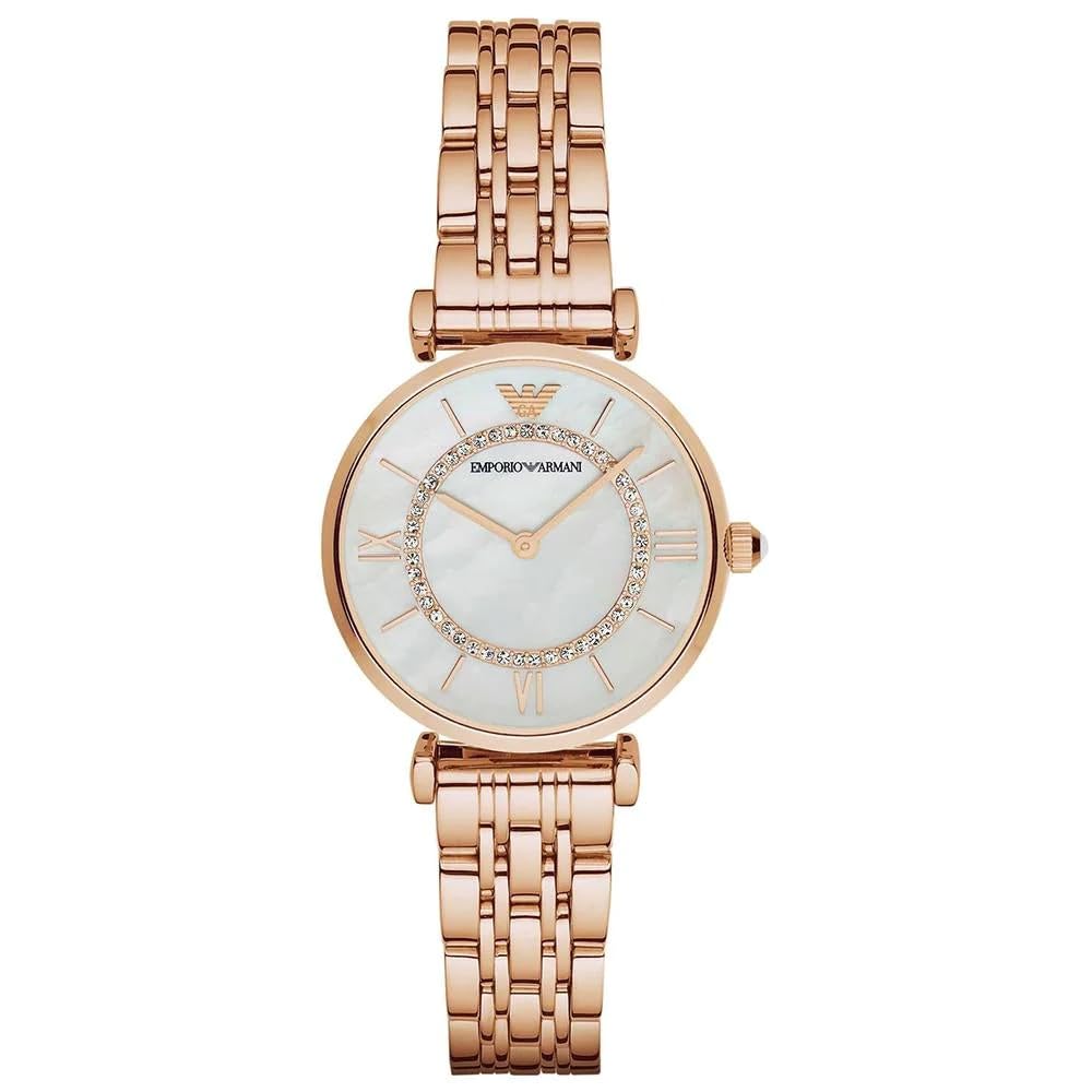 EMPORIO ARMANI Gianni T-Bar Womens Quartz Watch with Mother of Pearl Dial and Rose Gold Stainless Steel Bracelet AR1909