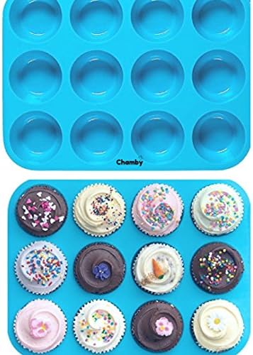 12 Cup Silicone Muffin - Cupcake Baking Pan / Cake Mold / Nonstick Silicone Mold / Easy to Clean, Non Toxic Bakeware, BPA Free Dishwasher &amp; Microwave Safe by Chamby (Blue)