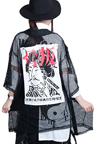 japan street punk oriental ukiyoe Geisha assassin fishnet yukata jacket (Black)