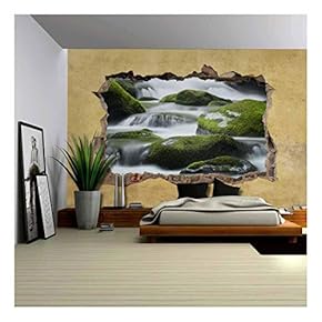 Cascading Spring in Tropical Forest Viewed Through a Broken Wall - Large Wall Mural, Removable Peel and Stick Wallpaper, Home Decor - 66x96 inches