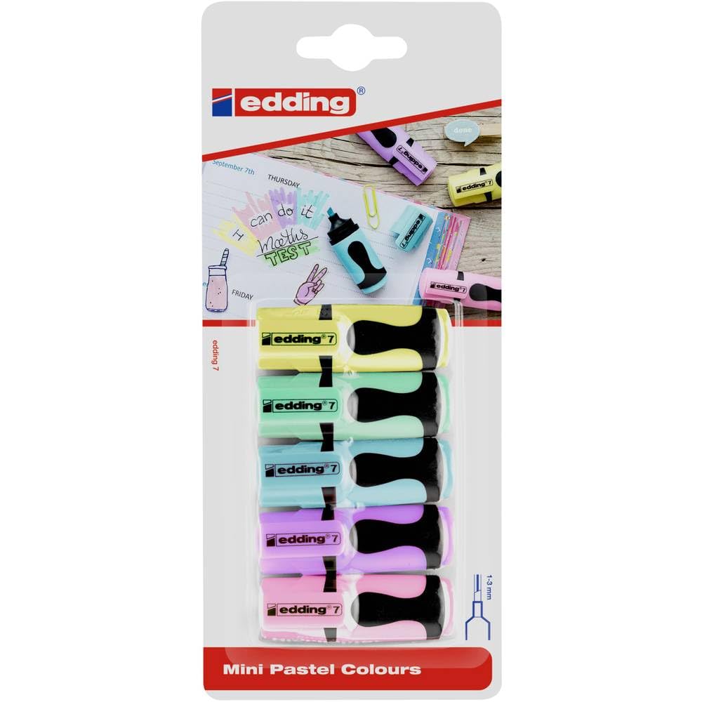 edding 7 Mini Highlighters 5 Pastel Colours (Yellow, Green, Blue, Purple, Pink), Line 1-3mm, Blister Pack of 5