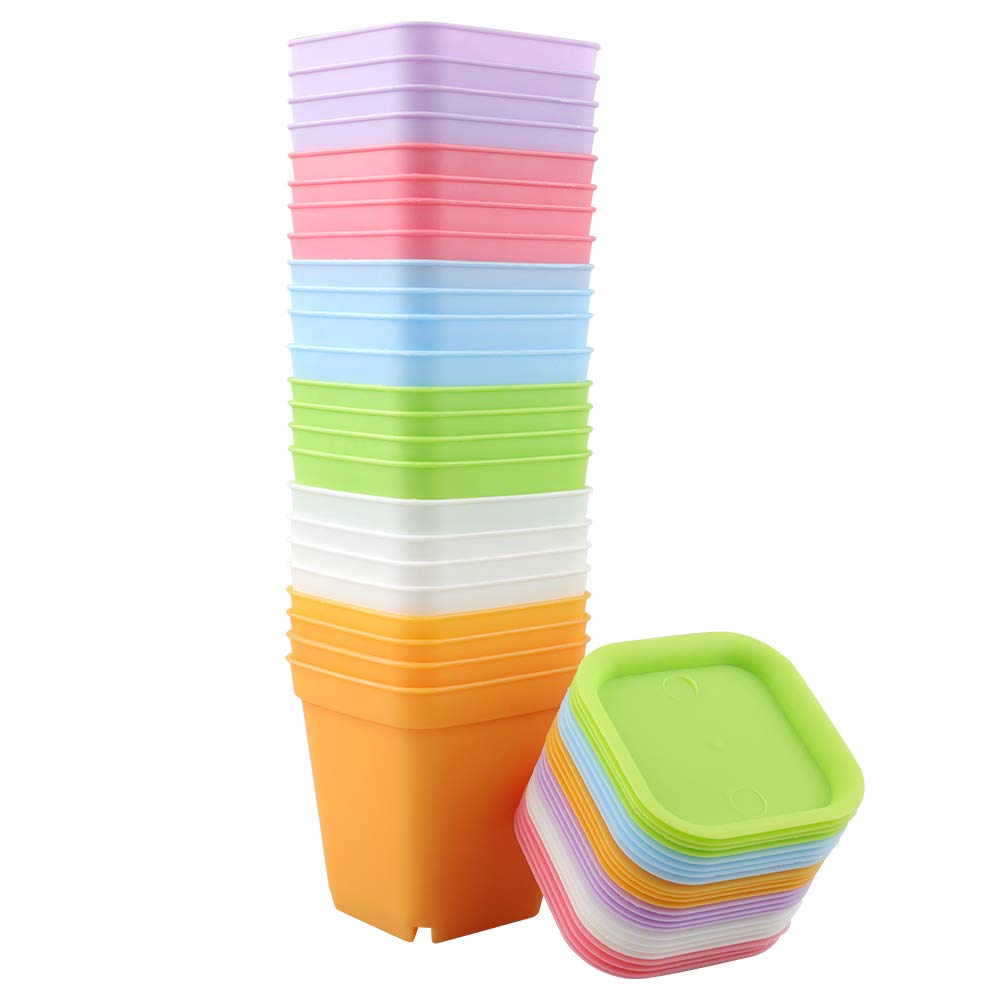 KINGLAKE 24Pcs 7cm Seed Seedling Pots, Square Plastic Plant Pots with Trays, Small Coloured Nursery Flower Pots for Cuttings Vegetables Succulent Cacti Herbs