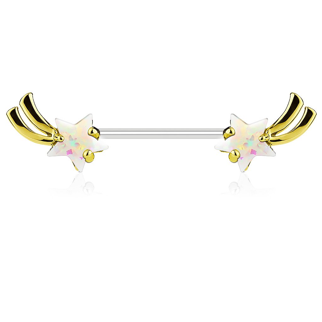PiercedOff 316L Surgical Steel Externally threaded Nipple Barbell with White Imitation Opal Glitter Shooting Star Ends - Thickness 14GA (1.6mm) Length 14mm / Star Size is 5mm