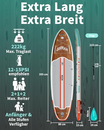 COOLCAA SUP Board, 355 cm (Extra Large) Stand Up Paddling Board, Inflatable Stand-Up Paddle Board with 86 cm Extra Wide, Fishing Paddleboard with Accessories & Carry Bag for Adults, 222 kg