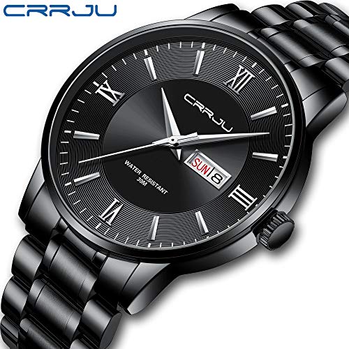 CRRJU Luxury Men\'s Waterproof Quartz Watches,Elegant Calendar Men Dress Watches,Black Stainless Steel Solid Band Watch