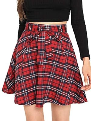 Milumia Women Plaid Mini Skater A line Skirt Belted Zipper Pleated Business Casual Dress