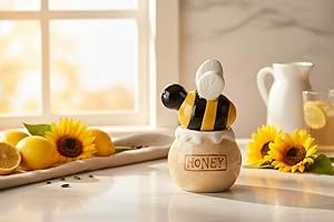 Honey Bee with Honey Pot Salt and Pepper Shaker Set, Ceramic, Yellow and Black, Spring and Summer Kitchen and Dining Decor, 2