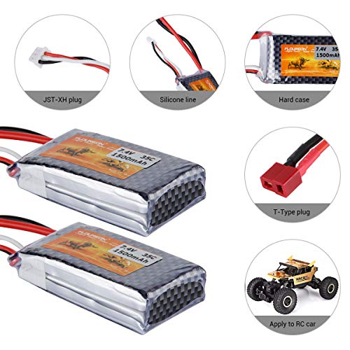FLOUREON 2S Lipo Battery 7.4v Lipo jst, RC Lipo Batteries 35C 1500mah li-ion Battery with T Plug for WLtoys Rc Cars a959, Truck, Truggy, Buggy, Traxxas, Helicopter, Drone, Redcat Racing (2 Packs)