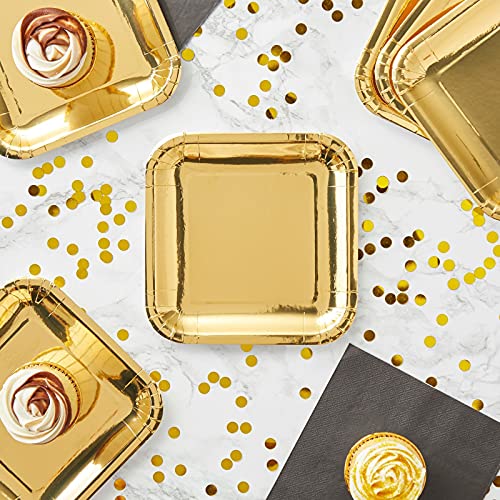 Gold Paper Party Plates for Birthday Cake Dessert, Foil Square Design