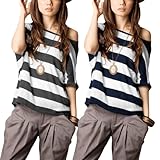 Allegra K Ladies Asymmetric Neckline Dolman Sleeve Stripe Top T Shirts