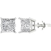 14K White Gold Plated 925 Sterling Silver Push Back Dainty Stud Earrings for Women - 3 cttw Princess Cut Simulated Diamond