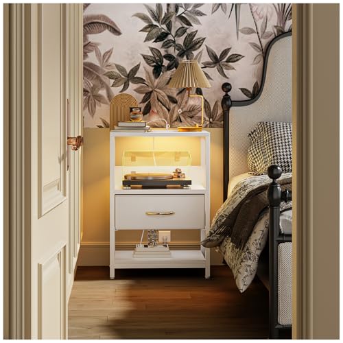 SIMPLE ESPACIO Buros para recamara -Mesita de Noche,Mesa Auxiliar con Estación de Carga 2 enchufes y Puertos USB y Tira luz LED.(cajón Tela Cuero Blanco)