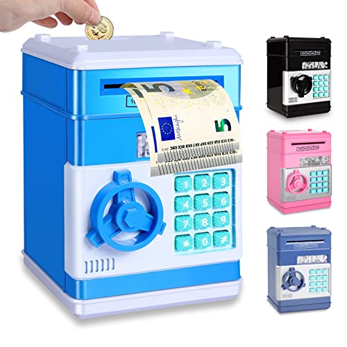 Pup Go Money Box for Boy Age 3+, Password Code Lock, Auto Grab Bill Slot Money Safe, Upgrade Large Capacity Password ATM Machine Toy, Electronic Saving Bank, Cash Coins Can, Hot Gift for Kids Blue