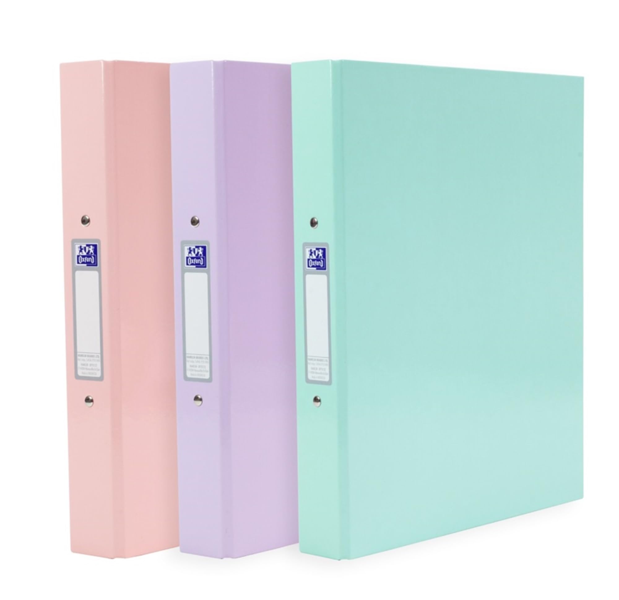 Oxford A4 Ring Binders, 3 Pack of Glossy Pastel Folders, Laminated Paper-on-Board, 40 mm Spine, Pink, Lilac & Mint
