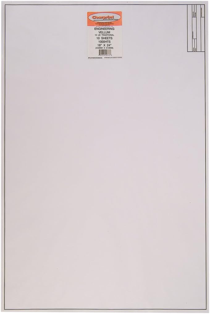 Clearprint Vellum Sheets with Engineer Title Block, 18x24 Inches, 16 lb, 60 GSM, 1000H 100% Cotton, 10 Sheets/Pack, Translucent White (10221222) : Arts And Crafts Vellum : Office Products