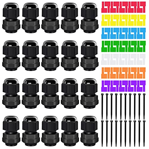 Youmile 20 Pcs PG9 Waterproof Cable Gland IP68 Adjustable 4-8mm Nylon Plastic Seal Wire Connector for Junction Box with 7 Pcs Cable Labels, 20 Pcs Wire Ties
