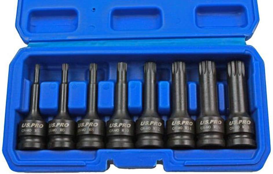 Us Pro by Bergen 8pc 1/2'' Impact Spline Socket Bit Set M5-M18 Bits Cr-Mo 80mm Length B1401, Variety Pack - Image 4