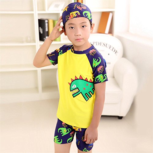 Monvecle Little Boys' 7-Pieces Short Sleeve Rash Guard Swimsuit Set with Swim Cap UPF 50+ Yellow 7-8y