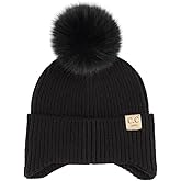 C.C Kids Ear Flap Fur Pom Beanie for Boys Girls - Comfortable Soft Warm Children Youth Knit Skully Hat with Faux Fur Pom