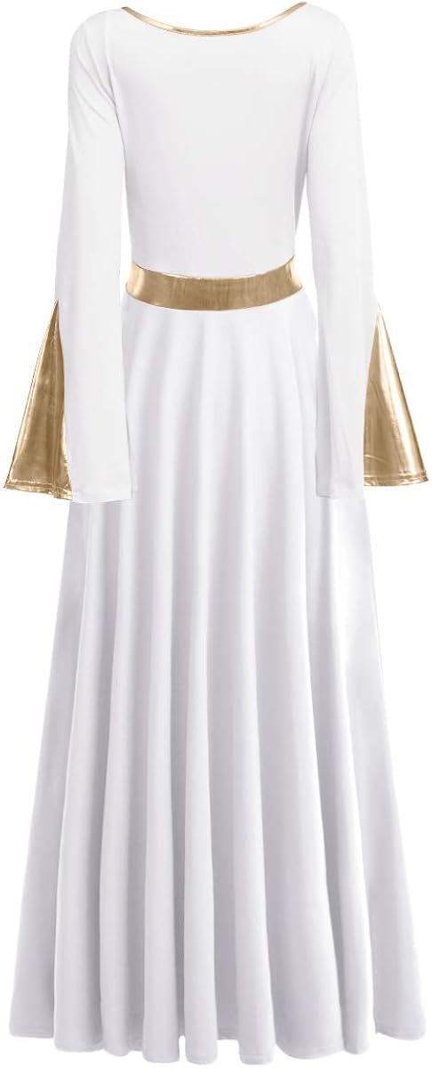 Women Metallic Color Block Liturgical Praise Dance Dress Bell Long Sleeve Lyrical Dancewear Gowns Worship Costume: Clothing