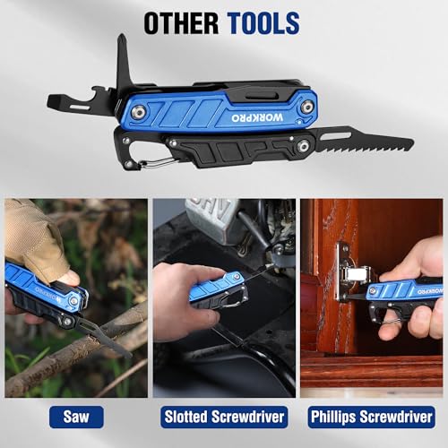WORKPRO Multi-purpose Pliers, 11 in 1 Multifunction Pliers, Stainless Steel Folding Multifunctional Tool with Pliers Saws Screwdriver for Camping Hiking (Blue)