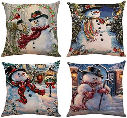 Youthny 4PCS Christmas Pillow Covers Throw Pillow Case Snowmen Patterned Merry Christmas Decorative Sofa Throw Pillow Case Cushion Covers Home Sofa Couch Bed Decor 18 x 18 Inch, Cotton Linen