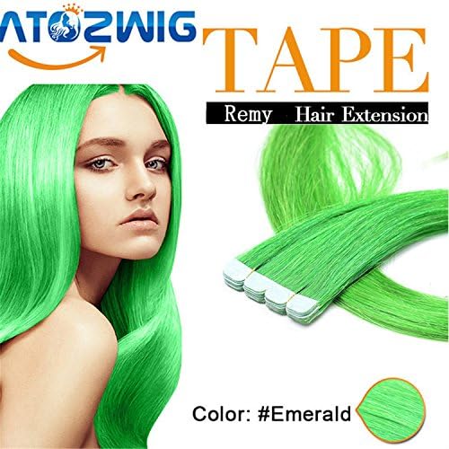 AT0ZHair Remy Tape Hair Extensions 20pcs/lot 16-24inch Green Color Tape in Human Hair Extension Straight Brazilian PU Hair Skin Weft Hair