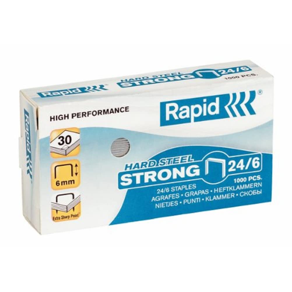 Rapid 24/6mm Strong Staples, For Stapling up to 30 Sheets, Use with Desktop Staplers and Pliers, Hard Steel, Box of 1000, 24855900