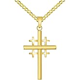 Jewelry America 14k Yellow Gold Religious Crusaders Jerusalem Latin Plain Cross Pendant With Cable, Curb or Figaro Chain Necklace