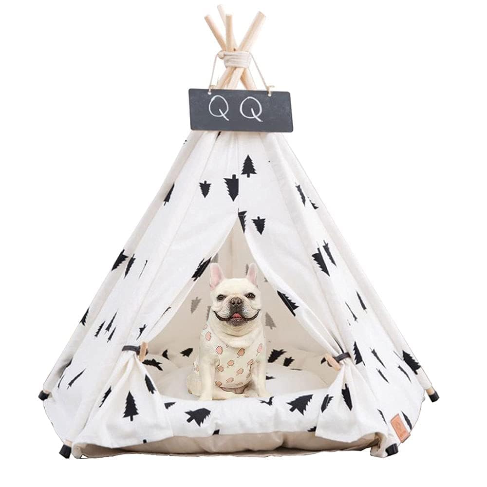 Pet Teepee Dogs Tent 50x50x60cm Dog & Cat Bed with Non-slip Cushion Tree Pattern Removable and Washable Cats Tents Bed Play House