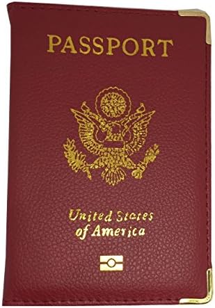 PU Leather Passport Cover with Sliver USA Logo Printed for Travel (Deep Red-Gold Printing)