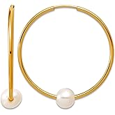 1/20 14k Gold Filled 5-6mm Round White Freshwater Cultured Pearl Hoop Earrings 32x32mm Wide 1.5mm Thick Hoop Earring for Women
