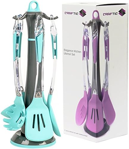 Silicone Kitchen Utensil Set w/ Rotating Stand - 5-Piece, Spaghetti Server, Soup Ladle, Slotted Spoon, Slotted Turner &amp; Slotted Skimmer - Non-Stick, Heat-Resistant, Dishwasher-Safe - Blue