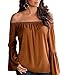 ZJCT Women's Off Shoulder Bell Sleeve Pleated Loose Blouse Top