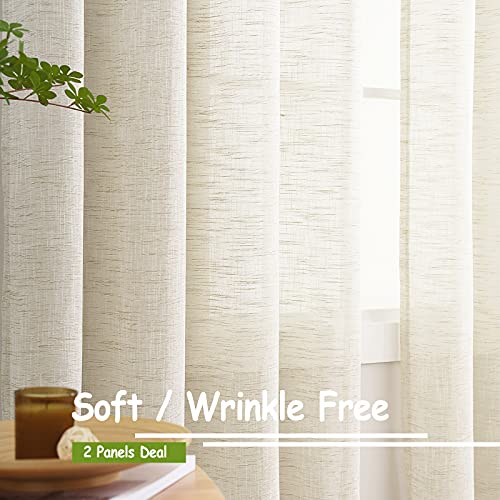 Linen Semi Sheer Curtains for Living Room 90inch Natural Farmhouse Curtain Panels for Bedroom Office Rustic Privacy Curtain Drapes for Kitchen Dining Room Pencil Pleat Beige 54"w 2 Panels