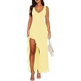 Women Sexy V Neck Sleeveless Mesh Ruffle Hem Bodycon Maxi Casual Backless High Slit Cocktail Party Dress