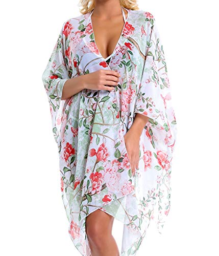 Outrip Women Swimsuit Bathing Suit Beach Cover up Chiffon Floral Kimono Cardigan (A (18) - White with Red Camellia Flowers) - Thumbnail 2