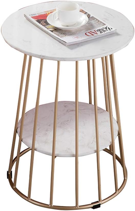 Interior Furniture- 2 Layer Marble Side Desk Round Coffee Table Iron Art Bedside Table Golden 47 62Cm, BOSSLV