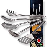 5-Piece Kitchen Cooking Utensils Set : Stainless Steel Spaghetti Spoon, Skimmer Spoon, Soup Ladle, Spatula Turner & Serving Spoon/Non-Slip, Heat Resistant Handle Cookware Set