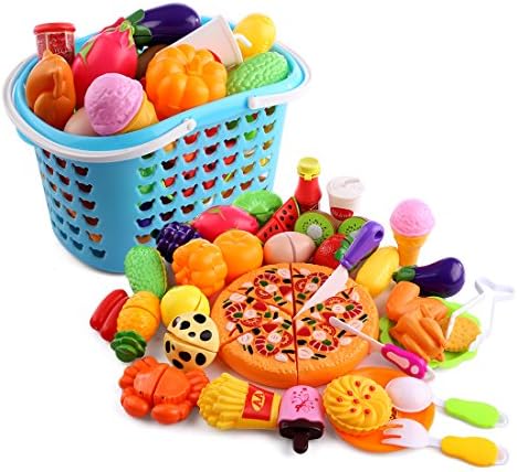 FutureShapers Baby Toys Kitchen Pretend Play Velcro Cutting Food Set With Shopping Basket Educational Kids Toy - Gift for Boys and Girls