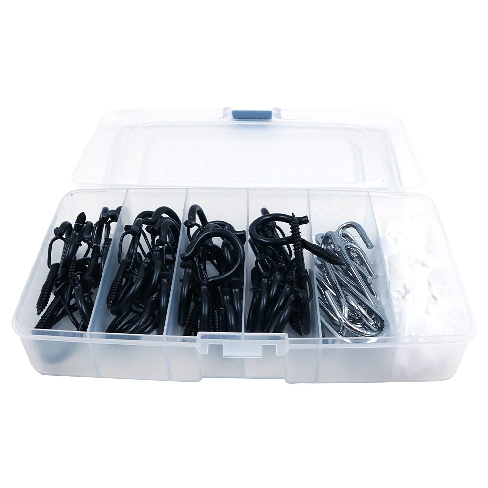 Tiardey 50Pack Hooks Black Cup Hook Ceiling Hooks Lights Hanger Screw,in Hooks and S Hook Hanger for Outdoor String Lights,Patio Lights,Bird Cages,Potted Plants