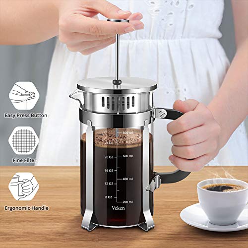 Veken French Press Coffee Tea Maker (34 oz), 304 Stainless Steel Coffee