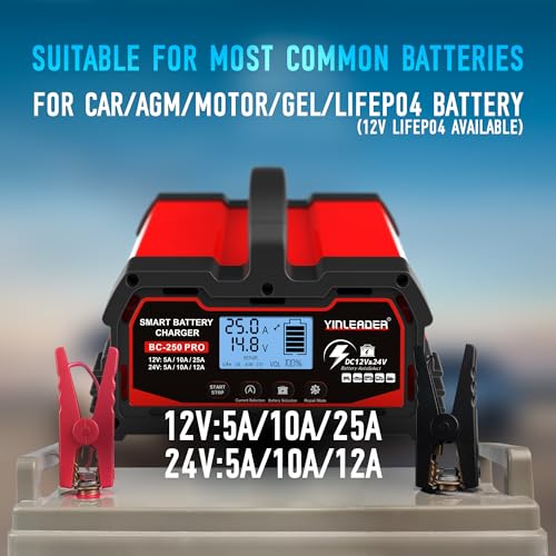 25A 12V/24V Car Battery Charger Fully Automatic Car Battery Charger Smart Charger with LCD Display Car Battery Chargers